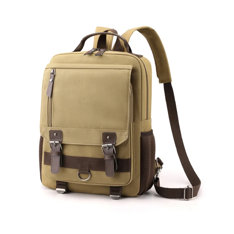 Guangzhou Fuliya Industry Co.,Ltd C-80986 Retro canvas multi-function backpack with large multi-layer storage. Zipper and hook straps support backpack, shoulder, hand carry, and left/right switching. For school, commuting, and travel.