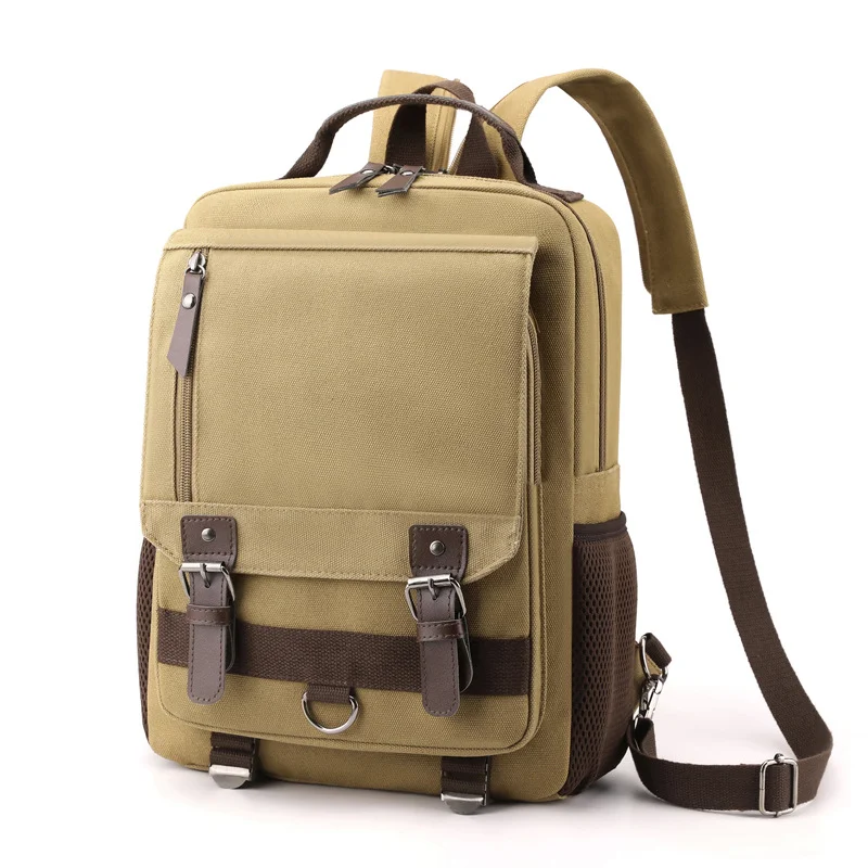 Guangzhou Fuliya Industry Co.,Ltd C-80986 Retro canvas multi-function backpack with large multi-layer storage. Zipper and hook straps support backpack, shoulder, hand carry, and left/right switching. For school, commuting, and travel.
