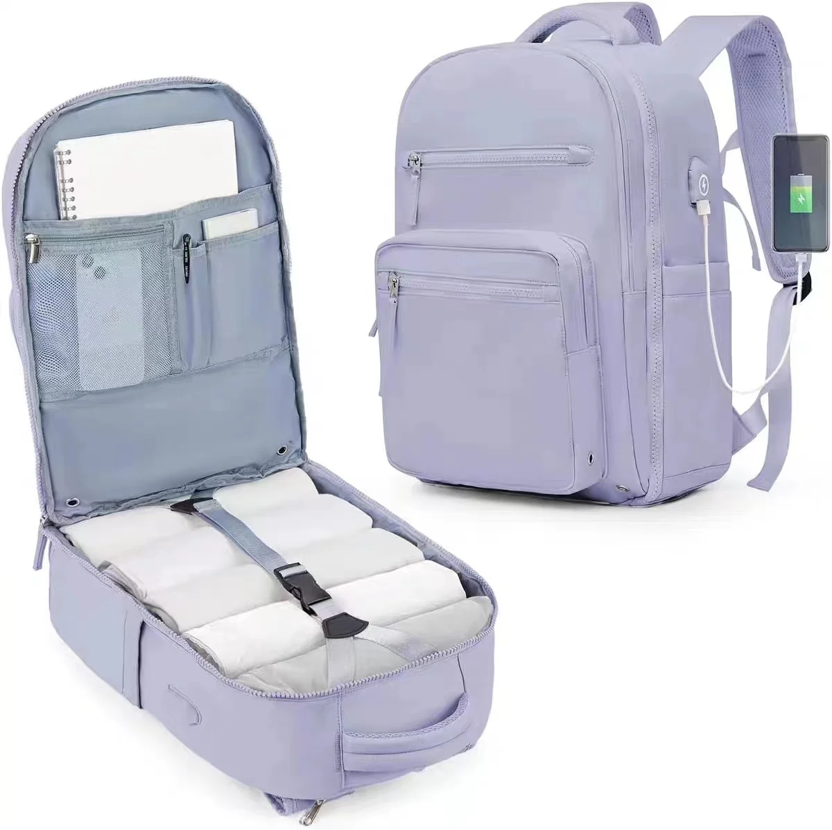 Guangzhou Fuliya Industry Co.,Ltd C-80987 Minimalist travel backpack with 180° clamshell opening and wet/dry separation. Features internal mesh pockets and external USB port. Large capacity for short trips, school, and commuting.