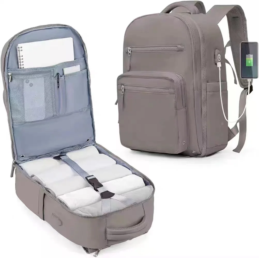 Guangzhou Fuliya Industry Co.,Ltd C-80987 Minimalist travel backpack with 180° clamshell opening and wet/dry separation. Features internal mesh pockets and external USB port. Large capacity for short trips, school, and commuting.