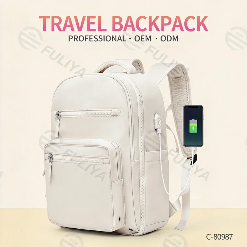 Guangzhou Fuliya Industry Co.,Ltd C-80987 Minimalist travel backpack with 180° clamshell opening and wet/dry separation. Features internal mesh pockets and external USB port. Large capacity for short trips, school, and commuting.