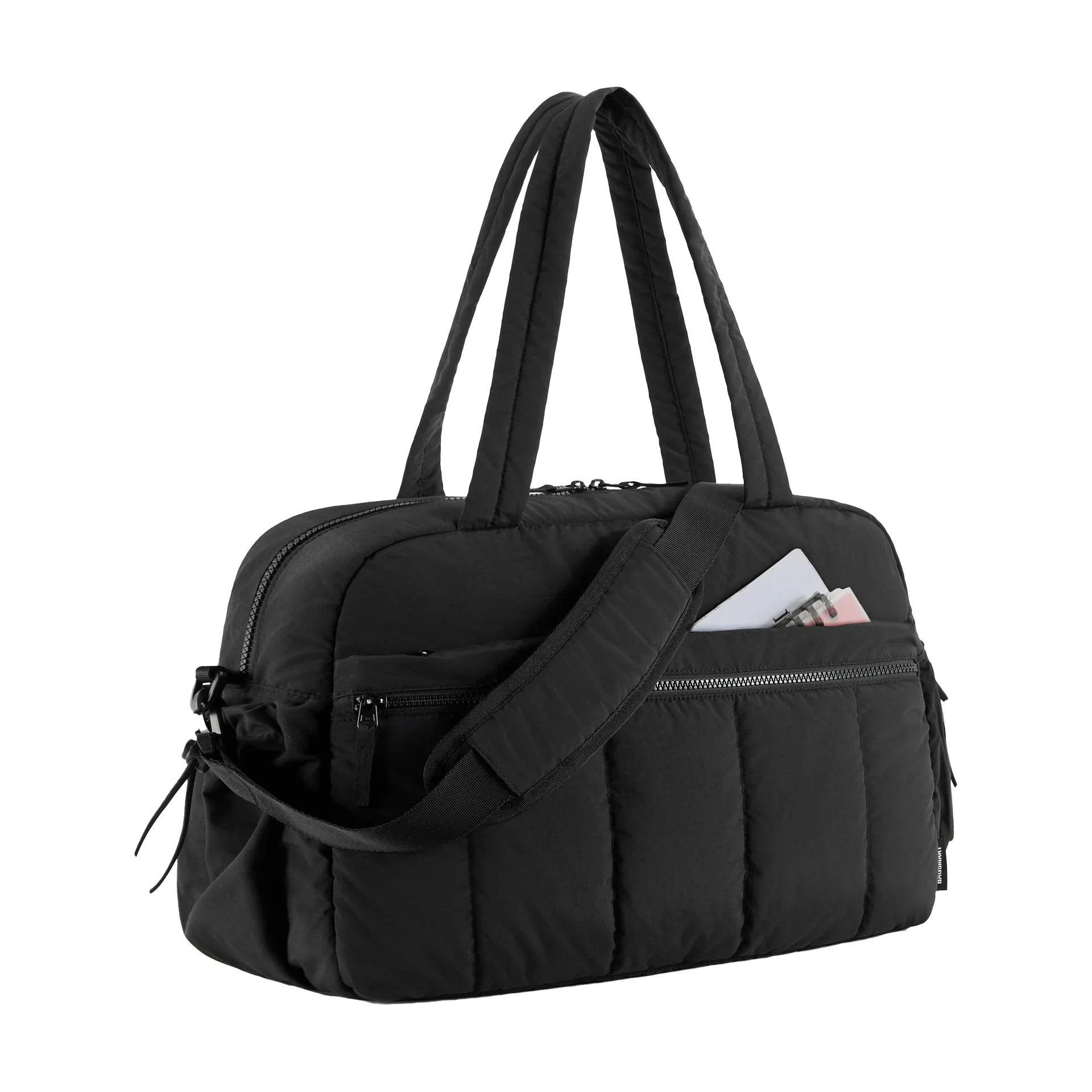 Guangzhou Fuliya Industry Co.,Ltd C-80993 Lightweight quilted sports travel bag with wet/dry PVC pocket. Multi-pockets, padded strap, and trolley sleeve. Hand/shoulder/crossbody carry. For gym, swimming, and short trips.