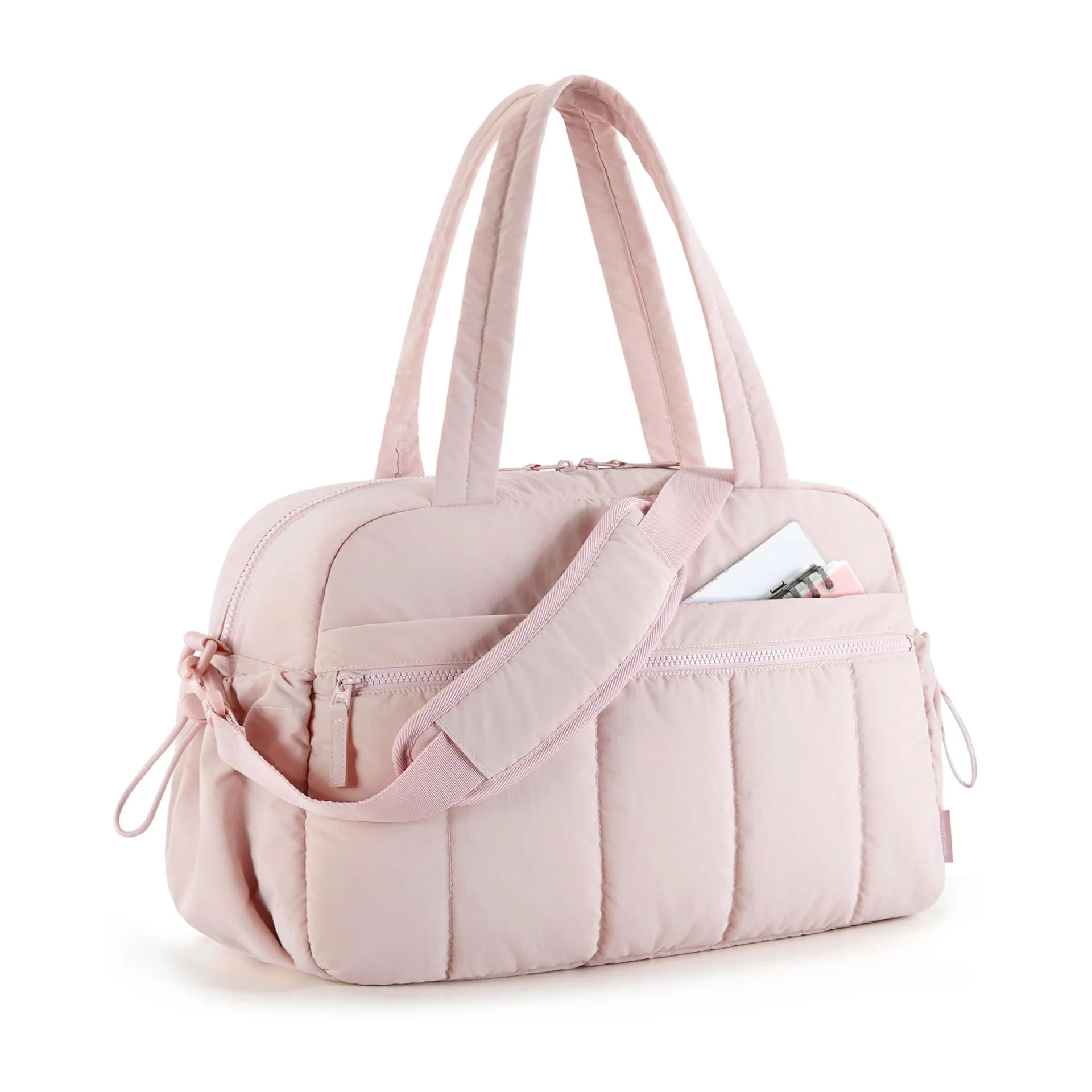 Guangzhou Fuliya Industry Co.,Ltd C-80993 Lightweight quilted sports travel bag with wet/dry PVC pocket. Multi-pockets, padded strap, and trolley sleeve. Hand/shoulder/crossbody carry. For gym, swimming, and short trips.
