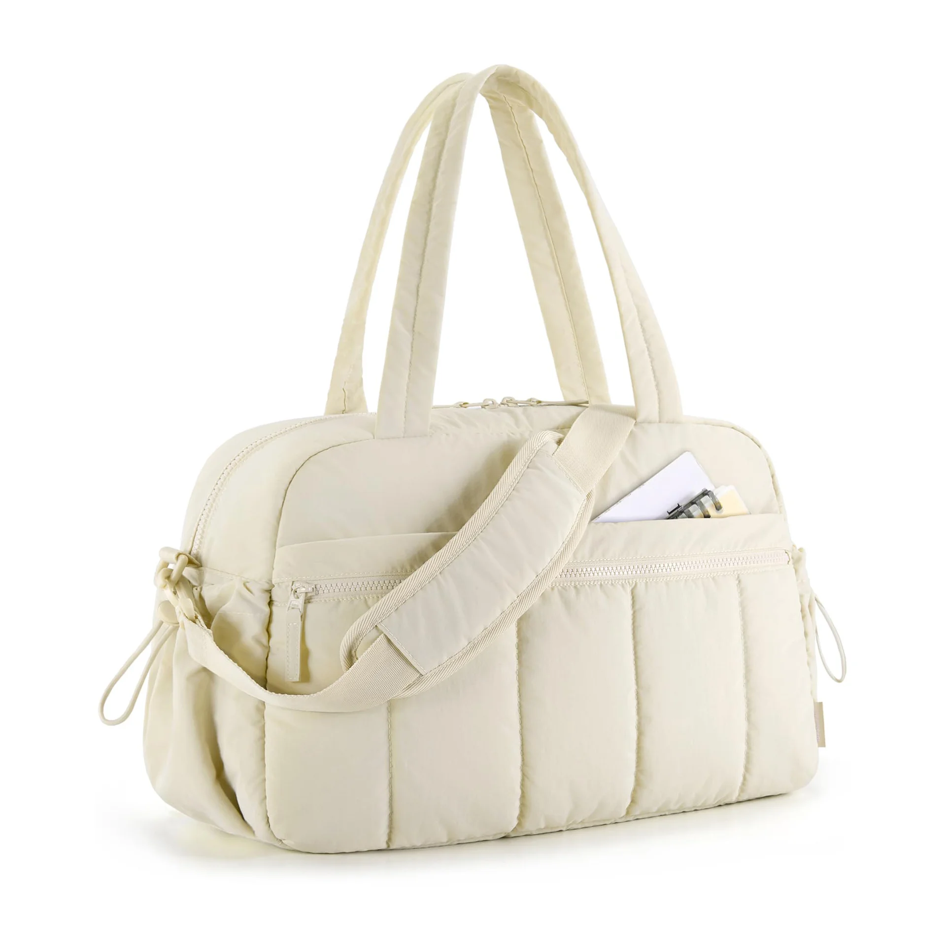 Guangzhou Fuliya Industry Co.,Ltd C-80993 Lightweight quilted sports travel bag with wet/dry PVC pocket. Multi-pockets, padded strap, and trolley sleeve. Hand/shoulder/crossbody carry. For gym, swimming, and short trips.