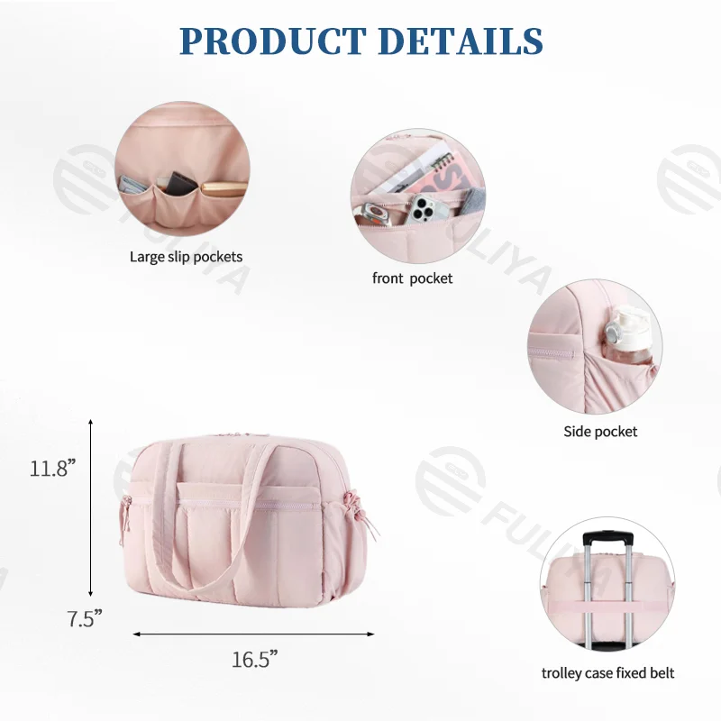 Guangzhou Fuliya Industry Co.,Ltd C-80993 Lightweight quilted sports travel bag with wet/dry PVC pocket. Multi-pockets, padded strap, and trolley sleeve. Hand/shoulder/crossbody carry. For gym, swimming, and short trips.