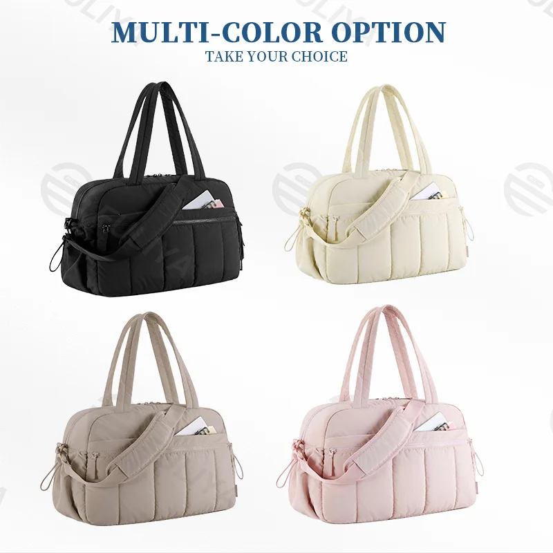 Guangzhou Fuliya Industry Co.,Ltd C-80993 Lightweight quilted sports travel bag with wet/dry PVC pocket. Multi-pockets, padded strap, and trolley sleeve. Hand/shoulder/crossbody carry. For gym, swimming, and short trips.