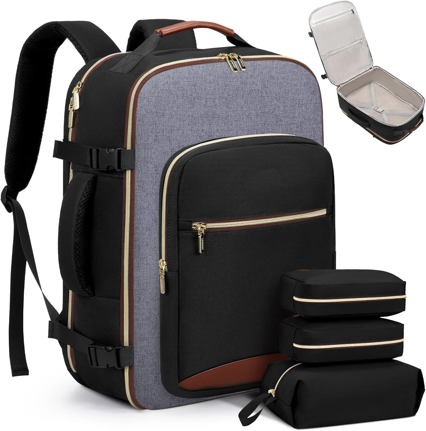 Guangzhou Fuliya Industry Co.,Ltd C-80999 40L large-capacity travel backpack with 180° clamshell opening, fits 17" laptop. Wet/dry separation, shoe bag, multi-purpose pouches, and TSA-friendly design. For business trips and leisure travel.