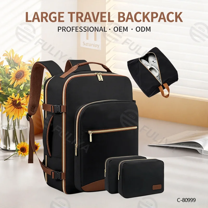 Guangzhou Fuliya Industry Co.,Ltd C-80999 40L large-capacity travel backpack with 180° clamshell opening, fits 17" laptop. Wet/dry separation, shoe bag, multi-purpose pouches, and TSA-friendly design. For business trips and leisure travel.