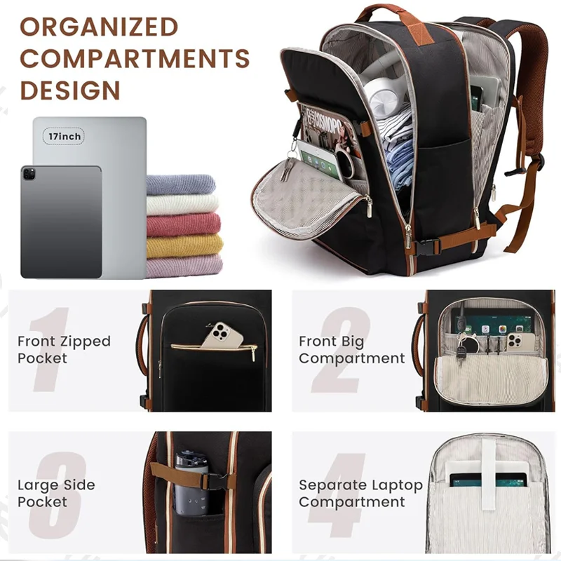 Guangzhou Fuliya Industry Co.,Ltd C-80999 40L large-capacity travel backpack with 180° clamshell opening, fits 17" laptop. Wet/dry separation, shoe bag, multi-purpose pouches, and TSA-friendly design. For business trips and leisure travel.