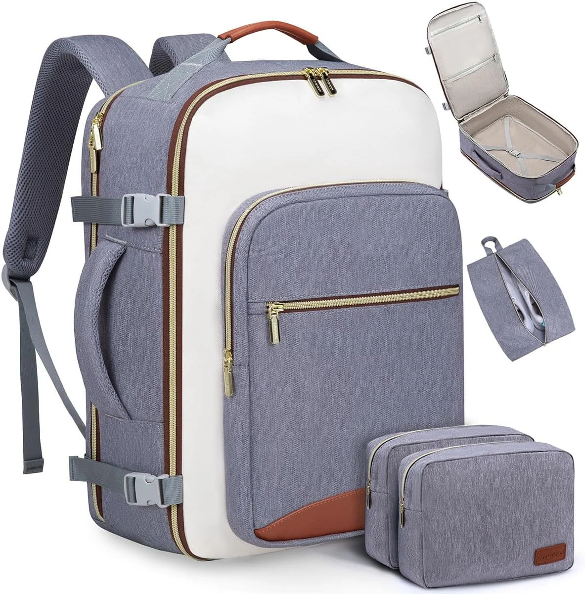 Guangzhou Fuliya Industry Co.,Ltd C-80999 40L large-capacity travel backpack with 180° clamshell opening, fits 17" laptop. Wet/dry separation, shoe bag, multi-purpose pouches, and TSA-friendly design. For business trips and leisure travel.
