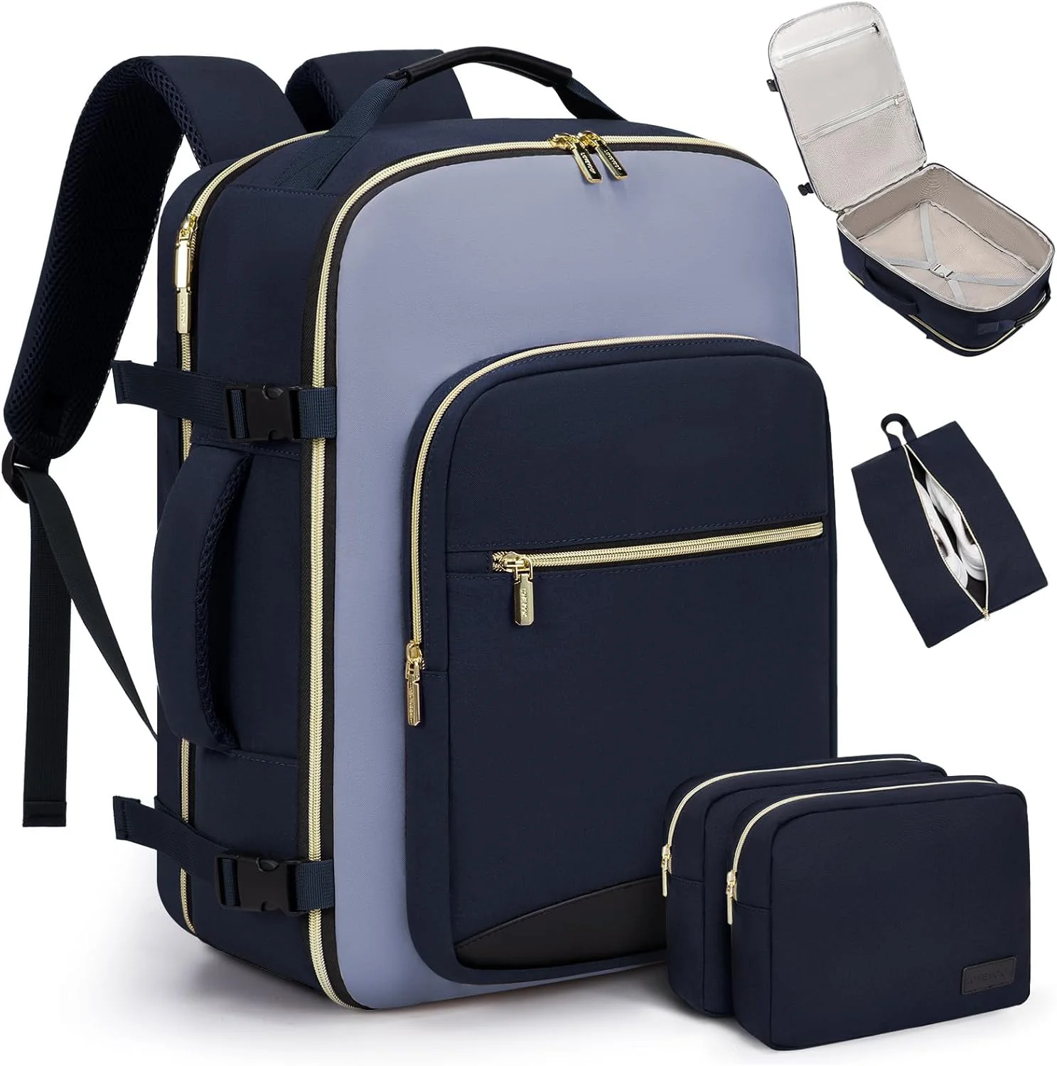 Guangzhou Fuliya Industry Co.,Ltd C-80999 40L large-capacity travel backpack with 180° clamshell opening, fits 17" laptop. Wet/dry separation, shoe bag, multi-purpose pouches, and TSA-friendly design. For business trips and leisure travel.