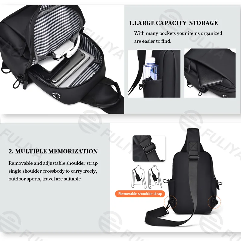 Guangzhou Fuliya Industry Co.,Ltd C-81012 Men's chest bag, water-resistant, large capacity, detachable adjustable strap, front zipper pocket, side pocket, and metal swivel buckle - left/right shoulder switchable for casual, travel, and outdoor.