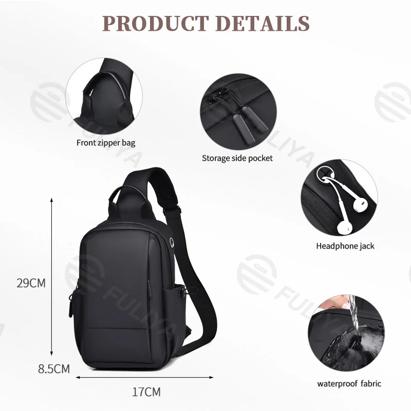 Guangzhou Fuliya Industry Co.,Ltd C-81012 Men's chest bag, water-resistant, large capacity, detachable adjustable strap, front zipper pocket, side pocket, and metal swivel buckle - left/right shoulder switchable for casual, travel, and outdoor.