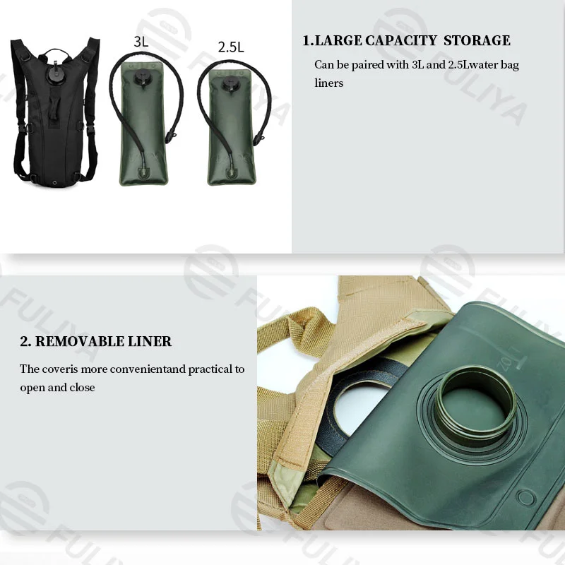 Guangzhou Fuliya Industry Co.,Ltd C-81013 Outdoor tactical hydration backpack, waterproof and lightweight, removable EVA liner, water bag cover, grab handle, and adjustable straps - fits 2.5L/3L bladders for cycling, hiking, and climbing.