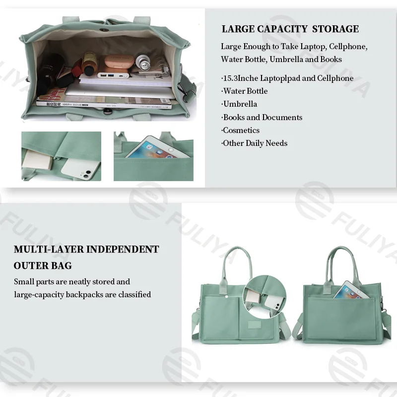 Guangzhou Fuliya Industry Co.,Ltd C-81020 Women's canvas tote bag, water-resistant, large capacity, fits 15.3" laptop, bottle, umbrella, and books, multi-layer pockets, comfortable handle, and detachable strap - for commuting, work, and travel.