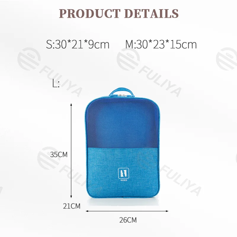 Guangzhou Fuliya Industry Co.,Ltd C-81021 Portable shoe storage bag, waterproof polyester, independent shoe compartment, breathable mesh, handle, and luggage strap - available in S/M/L for travel, sports, and daily storage.