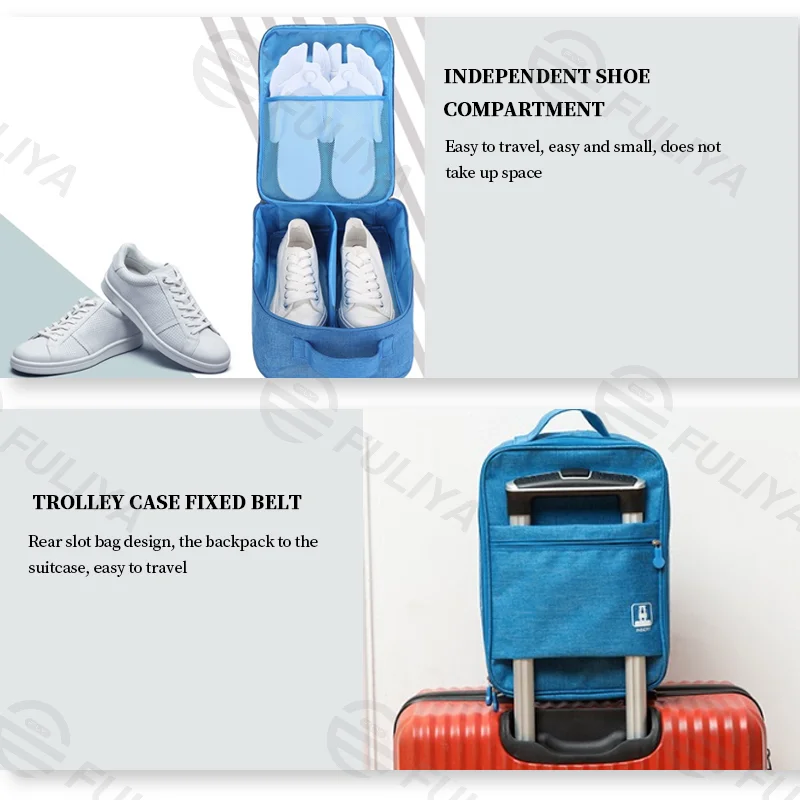 Guangzhou Fuliya Industry Co.,Ltd C-81021 Portable shoe storage bag, waterproof polyester, independent shoe compartment, breathable mesh, handle, and luggage strap - available in S/M/L for travel, sports, and daily storage.