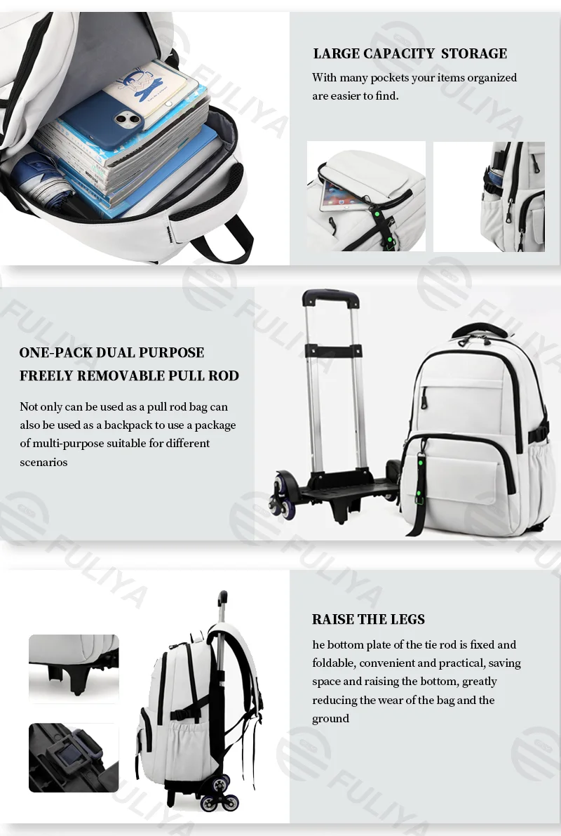 Guangzhou Fuliya Industry Co.,Ltd C-81022 Detachable trolley backpack, large capacity, waterproof fabric, 6-wheel stair-climbing, dual zipper, and adjustable straps - trolley or backpack carry for students and travel.