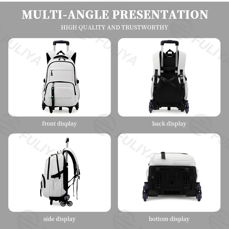 Guangzhou Fuliya Industry Co.,Ltd C-81022 Detachable trolley backpack, large capacity, waterproof fabric, 6-wheel stair-climbing, dual zipper, and adjustable straps - trolley or backpack carry for students and travel.