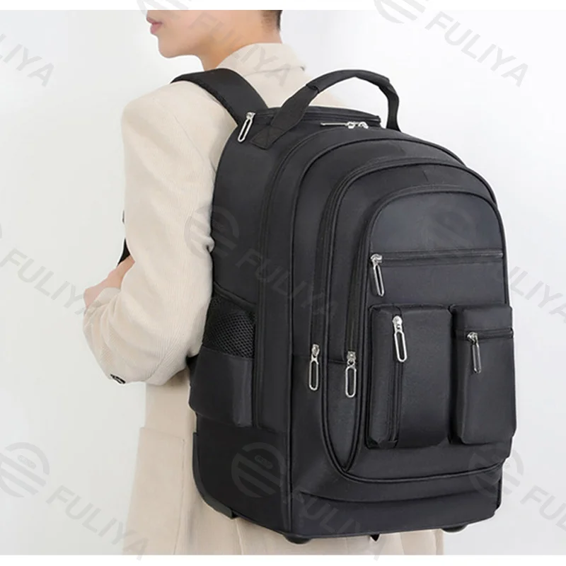 Guangzhou Fuliya Industry Co.,Ltd C-81024 Trolley backpack, water-resistant, large capacity with pockets, dual zipper, silent wheels, 2-stage pull rod, and hidden shoulder straps - trolley or backpack carry for students, business trips, and travel.