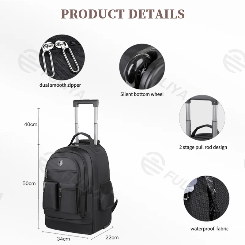 Guangzhou Fuliya Industry Co.,Ltd C-81024 Trolley backpack, water-resistant, large capacity with pockets, dual zipper, silent wheels, 2-stage pull rod, and hidden shoulder straps - trolley or backpack carry for students, business trips, and travel.