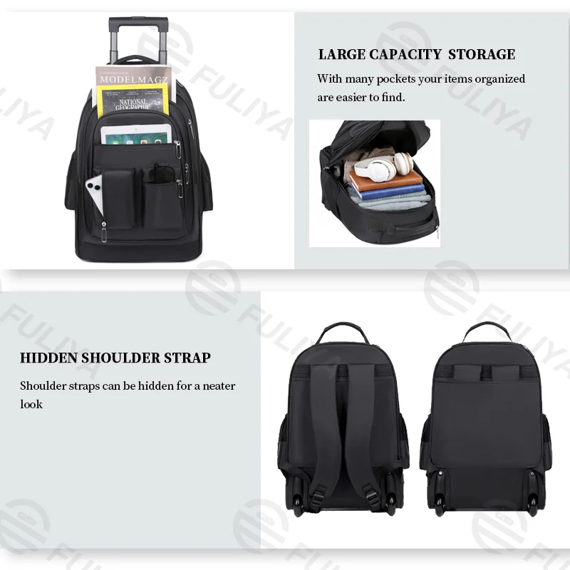 Guangzhou Fuliya Industry Co.,Ltd C-81024 Trolley backpack, water-resistant, large capacity with pockets, dual zipper, silent wheels, 2-stage pull rod, and hidden shoulder straps - trolley or backpack carry for students, business trips, and travel.