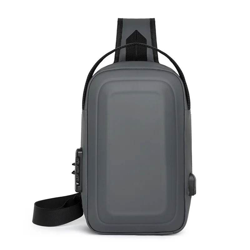 Guangzhou Fuliya Industry Co.,Ltd C-81025 Men's hard-shell chest bag, water-resistant, large capacity, external USB port, 3-digit combination lock, and adjustable strap - left/right shoulder switchable for commuting, business trips, and daily use.