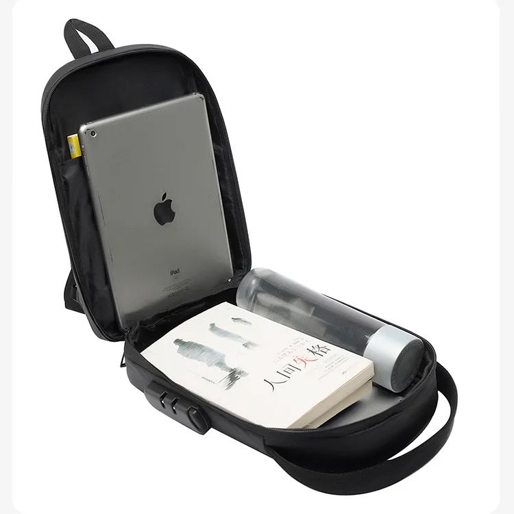 Guangzhou Fuliya Industry Co.,Ltd C-81025 Men's hard-shell chest bag, water-resistant, large capacity, external USB port, 3-digit combination lock, and adjustable strap - left/right shoulder switchable for commuting, business trips, and daily use.