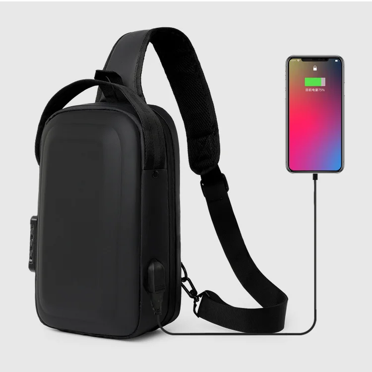 Guangzhou Fuliya Industry Co.,Ltd C-81025 Men's hard-shell chest bag, water-resistant, large capacity, external USB port, 3-digit combination lock, and adjustable strap - left/right shoulder switchable for commuting, business trips, and daily use.