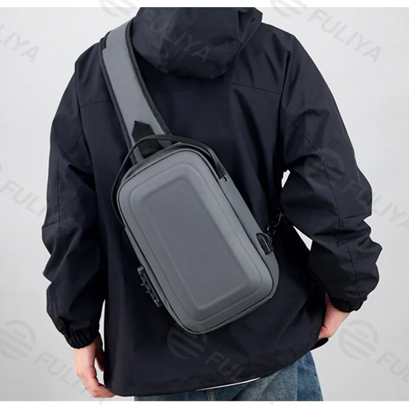 Guangzhou Fuliya Industry Co.,Ltd C-81025 Men's hard-shell chest bag, water-resistant, large capacity, external USB port, 3-digit combination lock, and adjustable strap - left/right shoulder switchable for commuting, business trips, and daily use.