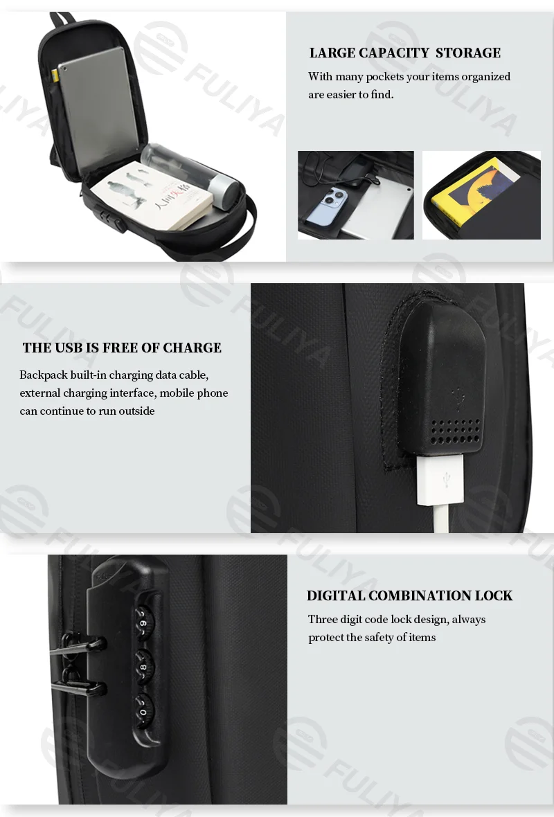 Guangzhou Fuliya Industry Co.,Ltd C-81025 Men's hard-shell chest bag, water-resistant, large capacity, external USB port, 3-digit combination lock, and adjustable strap - left/right shoulder switchable for commuting, business trips, and daily use.