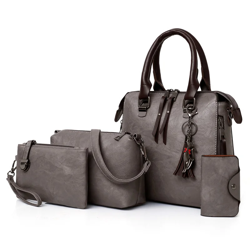 Guangzhou Fuliya Industry Co.,Ltd C-81026 Vintage oil-wax leather 4-piece women's bag set, large capacity, parent-child bags, double zipper, anti-friction bottom, and detachable strap - for commuting and daily use.