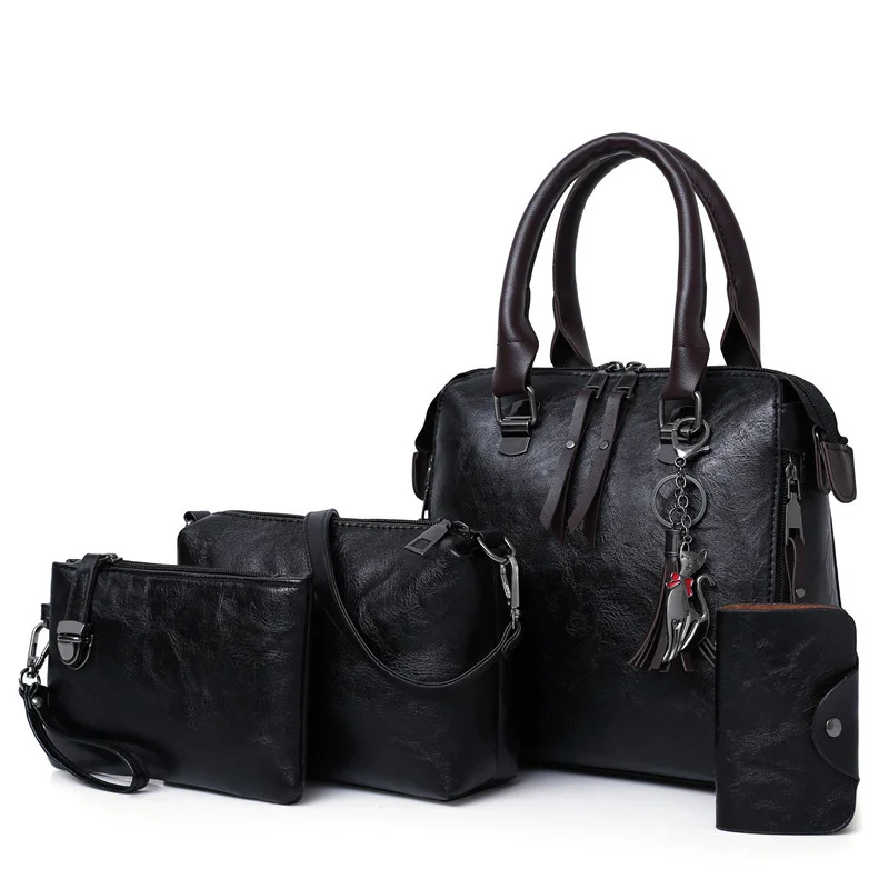 Guangzhou Fuliya Industry Co.,Ltd C-81026 Vintage oil-wax leather 4-piece women's bag set, large capacity, parent-child bags, double zipper, anti-friction bottom, and detachable strap - for commuting and daily use.