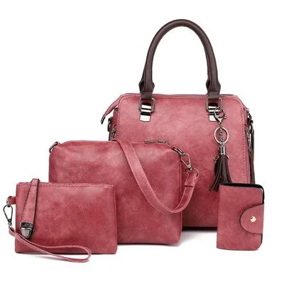 Guangzhou Fuliya Industry Co.,Ltd C-81026 Vintage oil-wax leather 4-piece women's bag set, large capacity, parent-child bags, double zipper, anti-friction bottom, and detachable strap - for commuting and daily use.