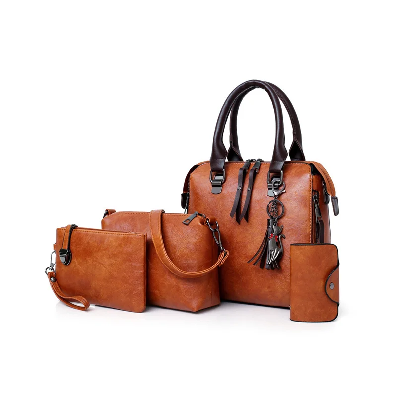 Guangzhou Fuliya Industry Co.,Ltd C-81026 Vintage oil-wax leather 4-piece women's bag set, large capacity, parent-child bags, double zipper, anti-friction bottom, and detachable strap - for commuting and daily use.