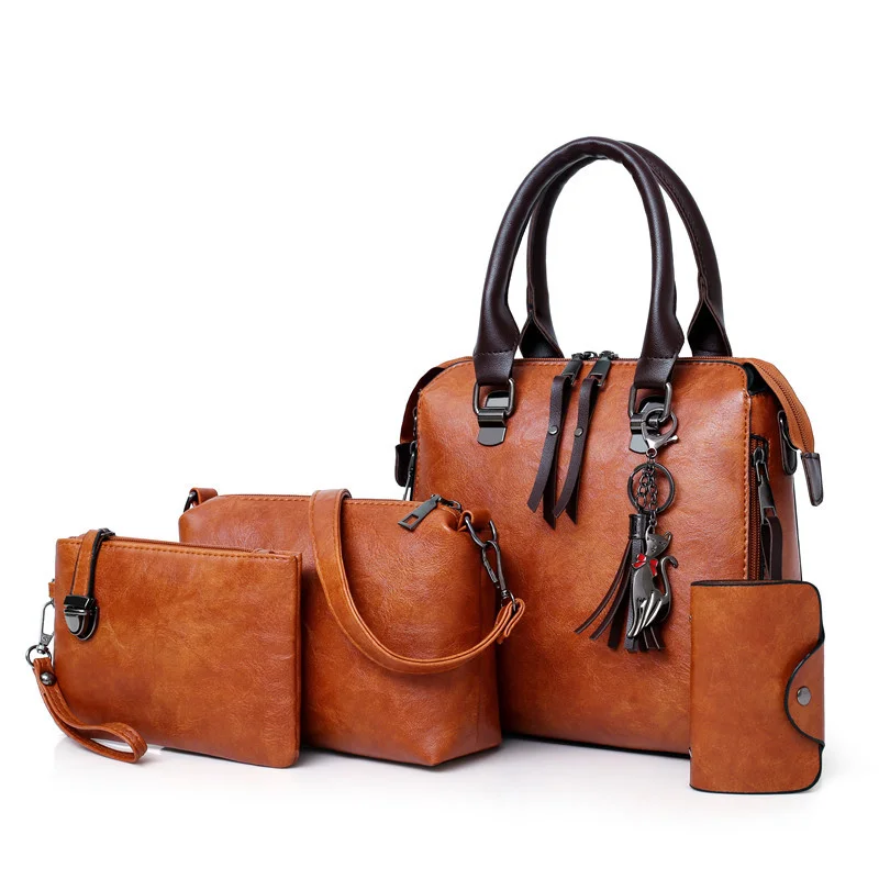 Guangzhou Fuliya Industry Co.,Ltd C-81026 Vintage oil-wax leather 4-piece women's bag set, large capacity, parent-child bags, double zipper, anti-friction bottom, and detachable strap - for commuting and daily use.