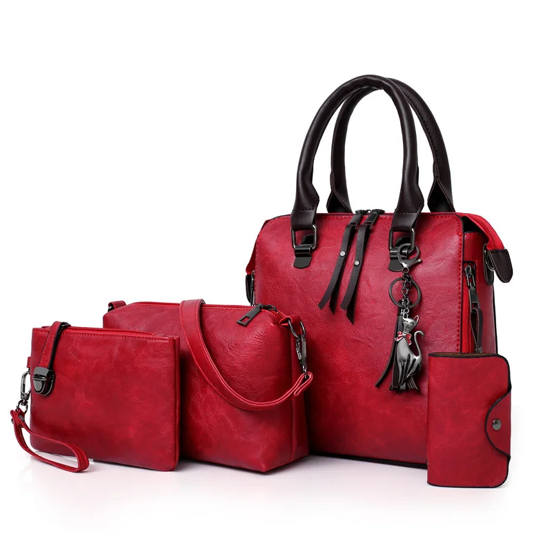 Guangzhou Fuliya Industry Co.,Ltd C-81026 Vintage oil-wax leather 4-piece women's bag set, large capacity, parent-child bags, double zipper, anti-friction bottom, and detachable strap - for commuting and daily use.