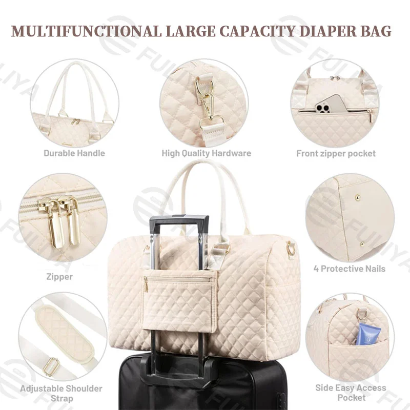 Guangzhou Fuliya Industry Co.,Ltd C-81027 Large-capacity mommy travel bag, water-resistant, multi-pocket, changing pad, pacifier case, insulated bottle pocket, detachable strap, and luggage strap - for baby outings and travel.