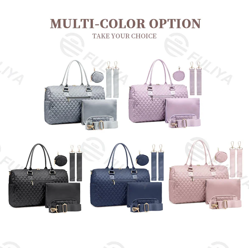 Guangzhou Fuliya Industry Co.,Ltd C-81027 Large-capacity mommy travel bag, water-resistant, multi-pocket, changing pad, pacifier case, insulated bottle pocket, detachable strap, and luggage strap - for baby outings and travel.