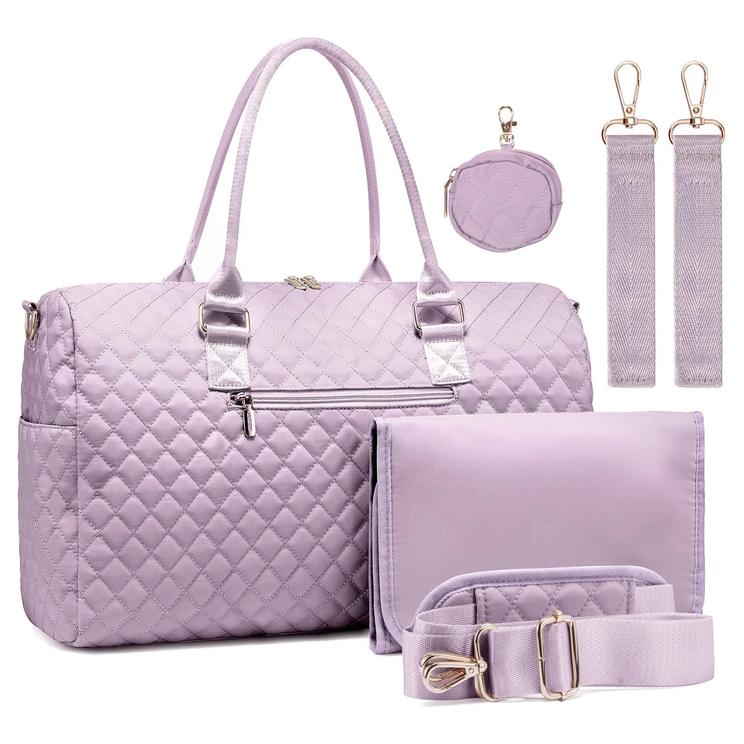 Guangzhou Fuliya Industry Co.,Ltd C-81027  Large-capacity mommy travel bag, water-resistant, multi-pocket, changing pad, pacifier case, insulated bottle pocket, detachable strap, and luggage strap - for baby outings and travel.