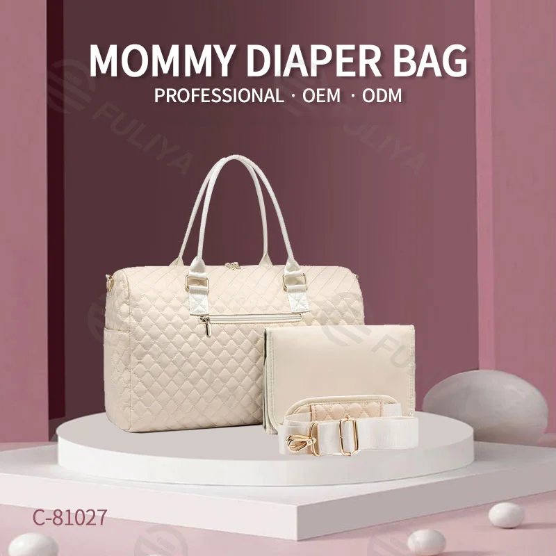 Guangzhou Fuliya Industry Co.,Ltd C-81027 Large-capacity mommy travel bag, water-resistant, multi-pocket, changing pad, pacifier case, insulated bottle pocket, detachable strap, and luggage strap - for baby outings and travel.