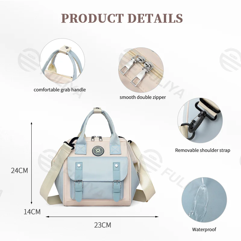 Guangzhou Fuliya Industry Co.,Ltd C-81028 Waterproof diaper bag, large capacity with multi-layer storage, separate bottle compartments, double zipper, detachable strap, and stroller straps - hand, shoulder, or backpack carry for baby outings and travel.