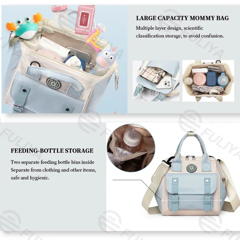 Guangzhou Fuliya Industry Co.,Ltd C-81028 Waterproof diaper bag, large capacity with multi-layer storage, separate bottle compartments, double zipper, detachable strap, and stroller straps - hand, shoulder, or backpack carry for baby outings and travel.