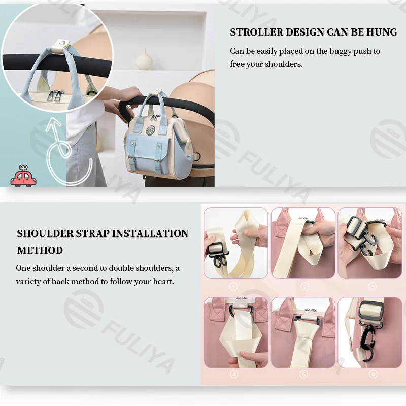 Guangzhou Fuliya Industry Co.,Ltd C-81028 Waterproof diaper bag, large capacity with multi-layer storage, separate bottle compartments, double zipper, detachable strap, and stroller straps - hand, shoulder, or backpack carry for baby outings and travel.