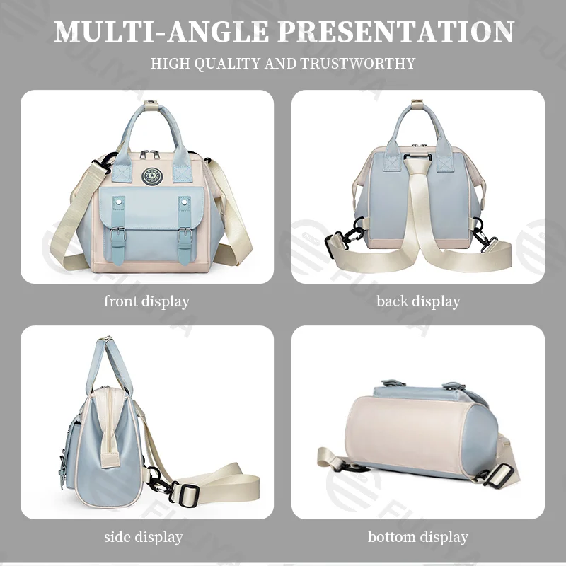 Guangzhou Fuliya Industry Co.,Ltd C-81028 Waterproof diaper bag, large capacity with multi-layer storage, separate bottle compartments, double zipper, detachable strap, and stroller straps - hand, shoulder, or backpack carry for baby outings and travel.