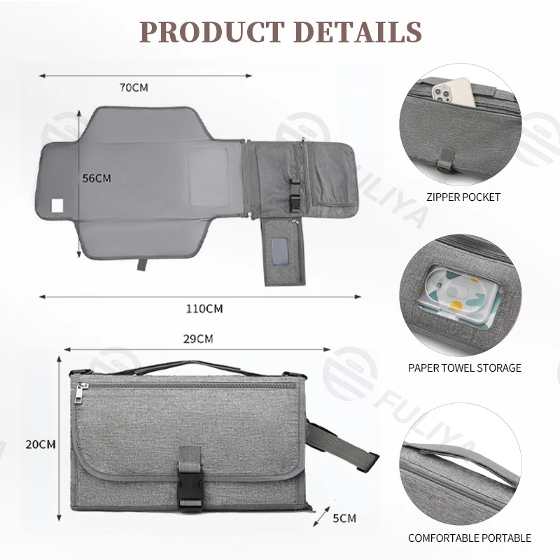 Guangzhou Fuliya Industry Co.,Ltd C-81029 Portable baby changing pad bag, multi-functional foldable design, changing mat, storage pockets, tissue dispenser, zipper pocket, and handle - attaches to stroller or car for easy travel.
