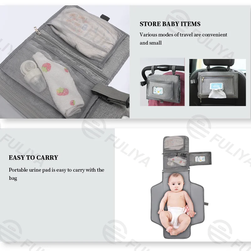 Guangzhou Fuliya Industry Co.,Ltd C-81029 Portable baby changing pad bag, multi-functional foldable design, changing mat, storage pockets, tissue dispenser, zipper pocket, and handle - attaches to stroller or car for easy travel.
