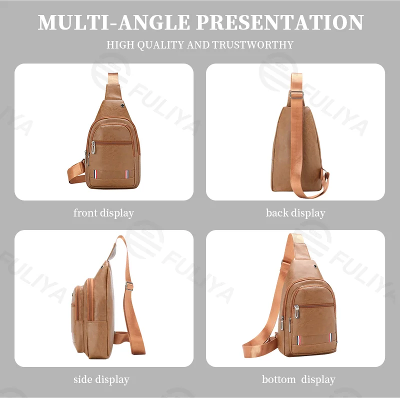 Guangzhou Fuliya Industry Co.,Ltd C-81030 Men's PU chest bag, water-resistant, large capacity with pockets, smooth zipper, adjustable strap, headphone jack, and front zipper pocket - crossbody or chest carry for casual, sports, and outdoor.