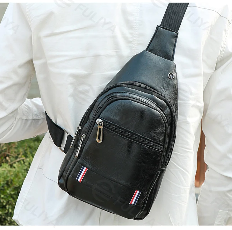 Guangzhou Fuliya Industry Co.,Ltd C-81030 Men's PU chest bag, water-resistant, large capacity with pockets, smooth zipper, adjustable strap, headphone jack, and front zipper pocket - crossbody or chest carry for casual, sports, and outdoor.