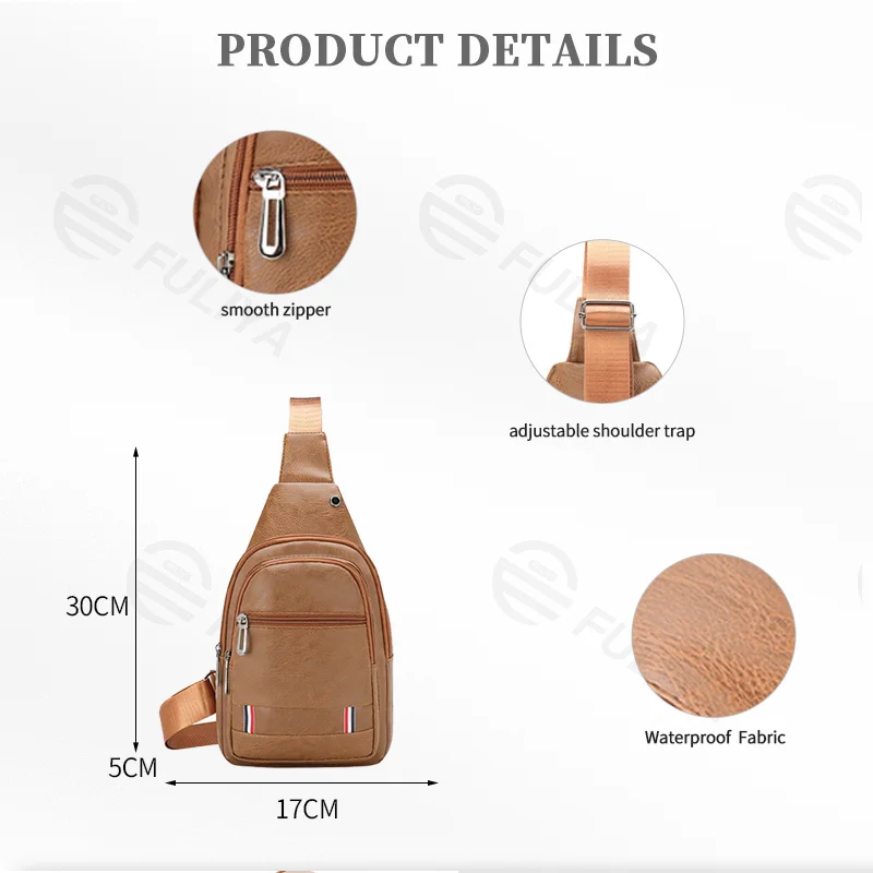 Guangzhou Fuliya Industry Co.,Ltd C-81030 Men's PU chest bag, water-resistant, large capacity with pockets, smooth zipper, adjustable strap, headphone jack, and front zipper pocket - crossbody or chest carry for casual, sports, and outdoor.